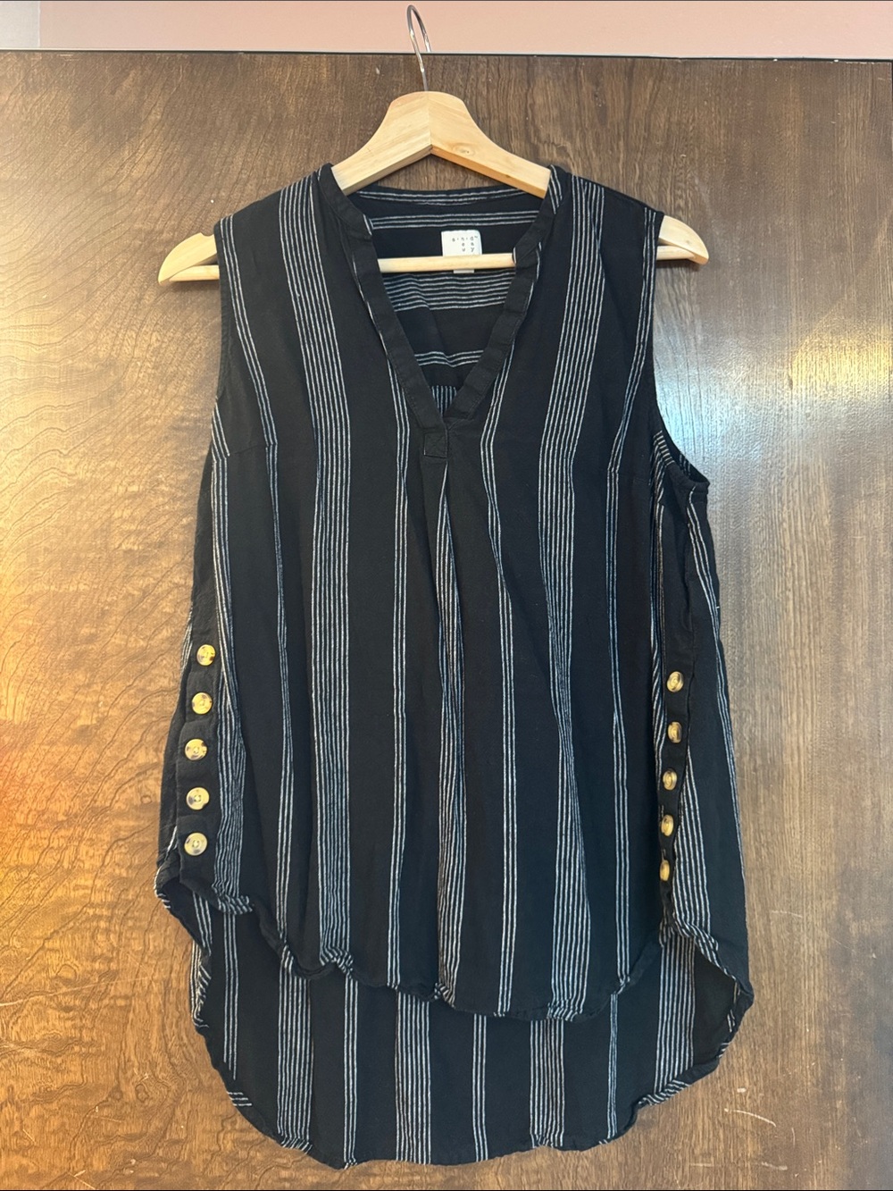 a new day Black Striped Sleeveless V-Neck Tank with Gold Buttons